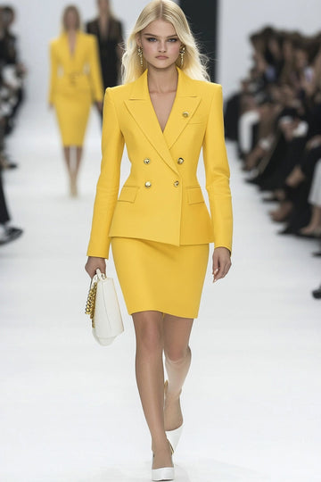 Żółta 2-częściowa dwurzędowa mini sukienka do pracy Bodycon Peak Lapel